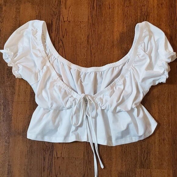 Shein Womens Sz Large White Puff Sleeve Peplum Tie Front Crop Top - Picture 5 of 9